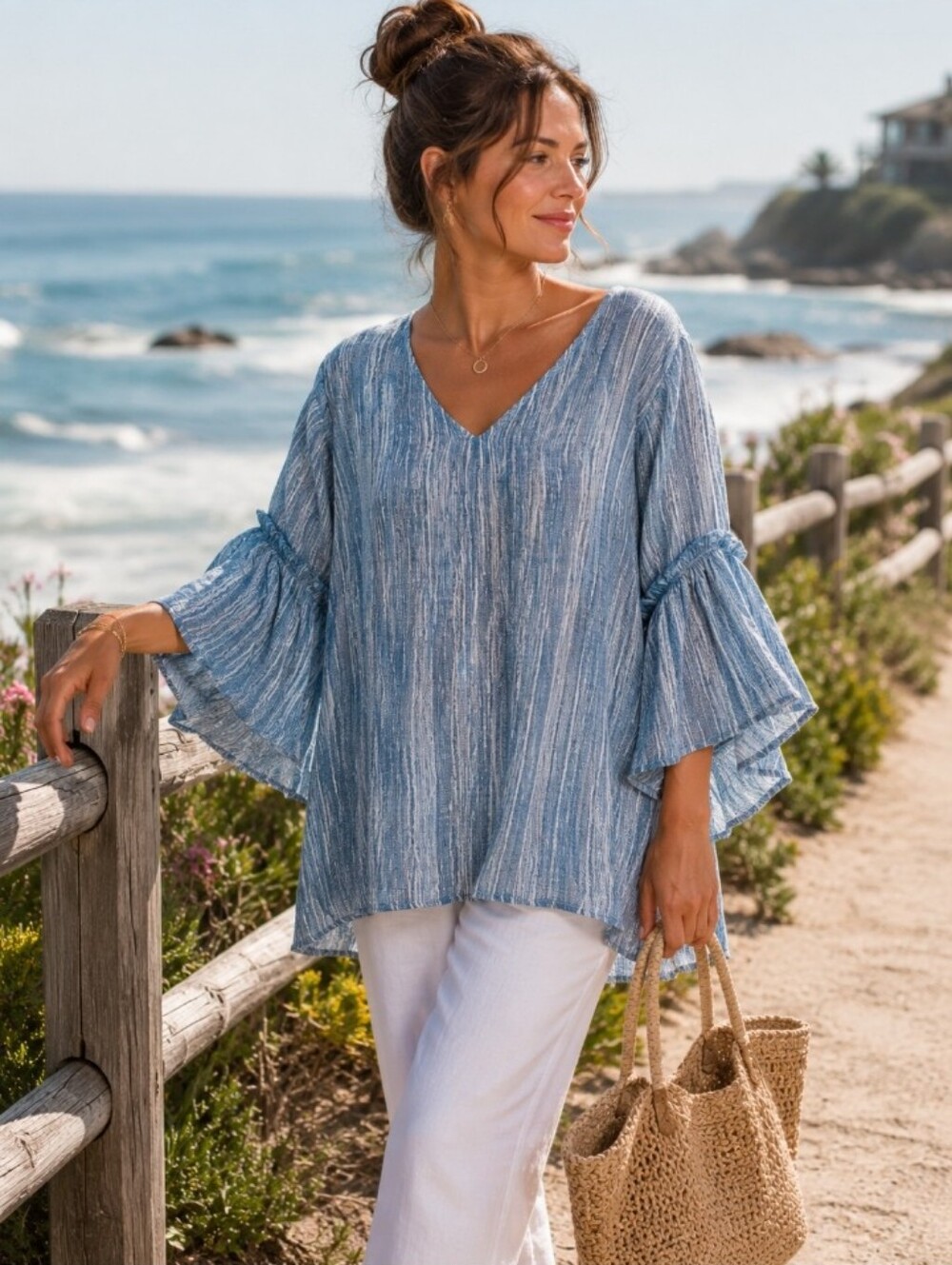 Cocomo Woman Plus Size 3X blue 18 Inch Flutter Bell sleeve drapey Coastal top
